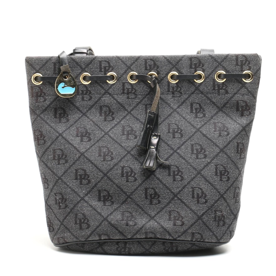 Dooney & Bourke Black and Grey Monogram Canvas and Black Leather Tote