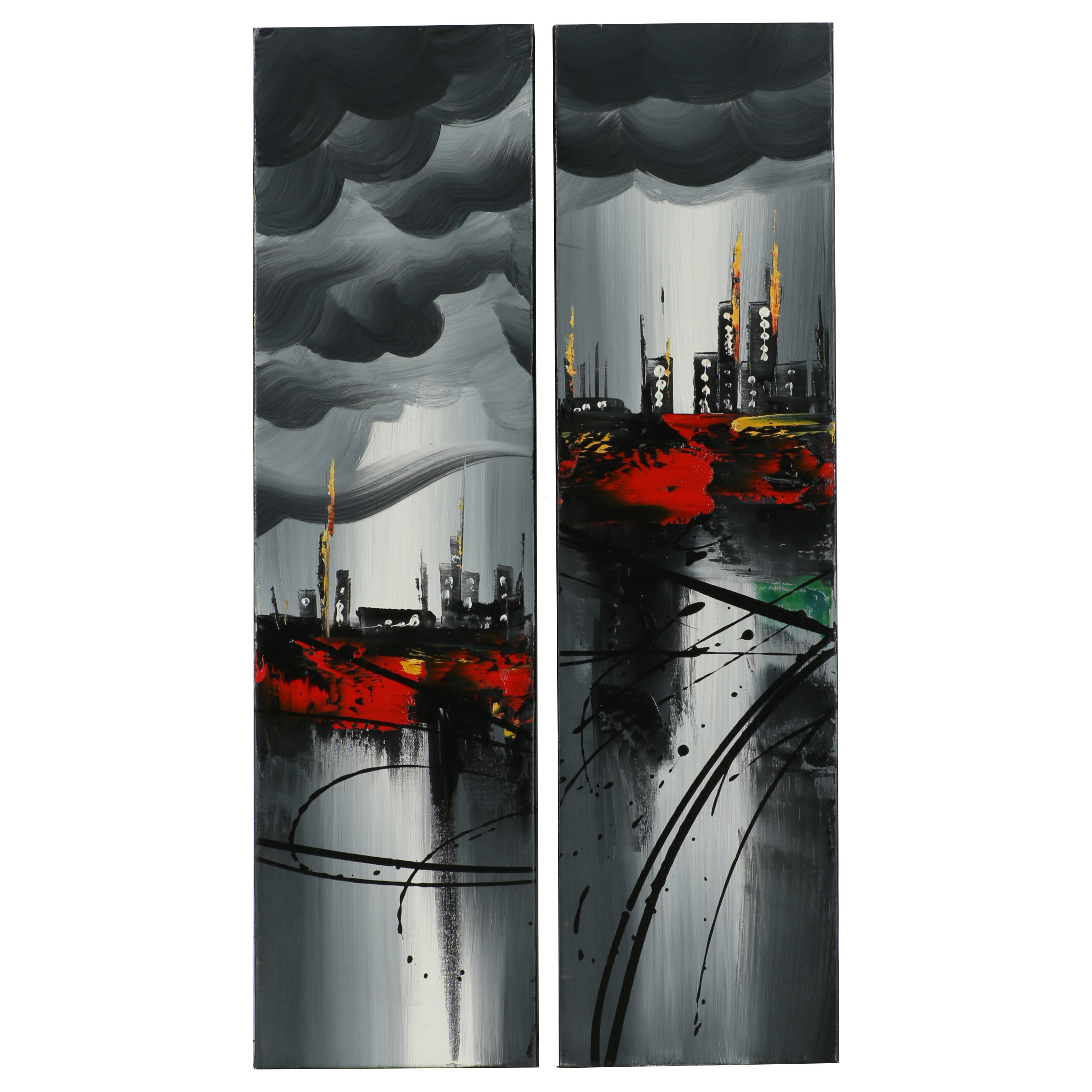 Pair Of Acrylic Paintings Depicting Abstract City Scenes Ebth