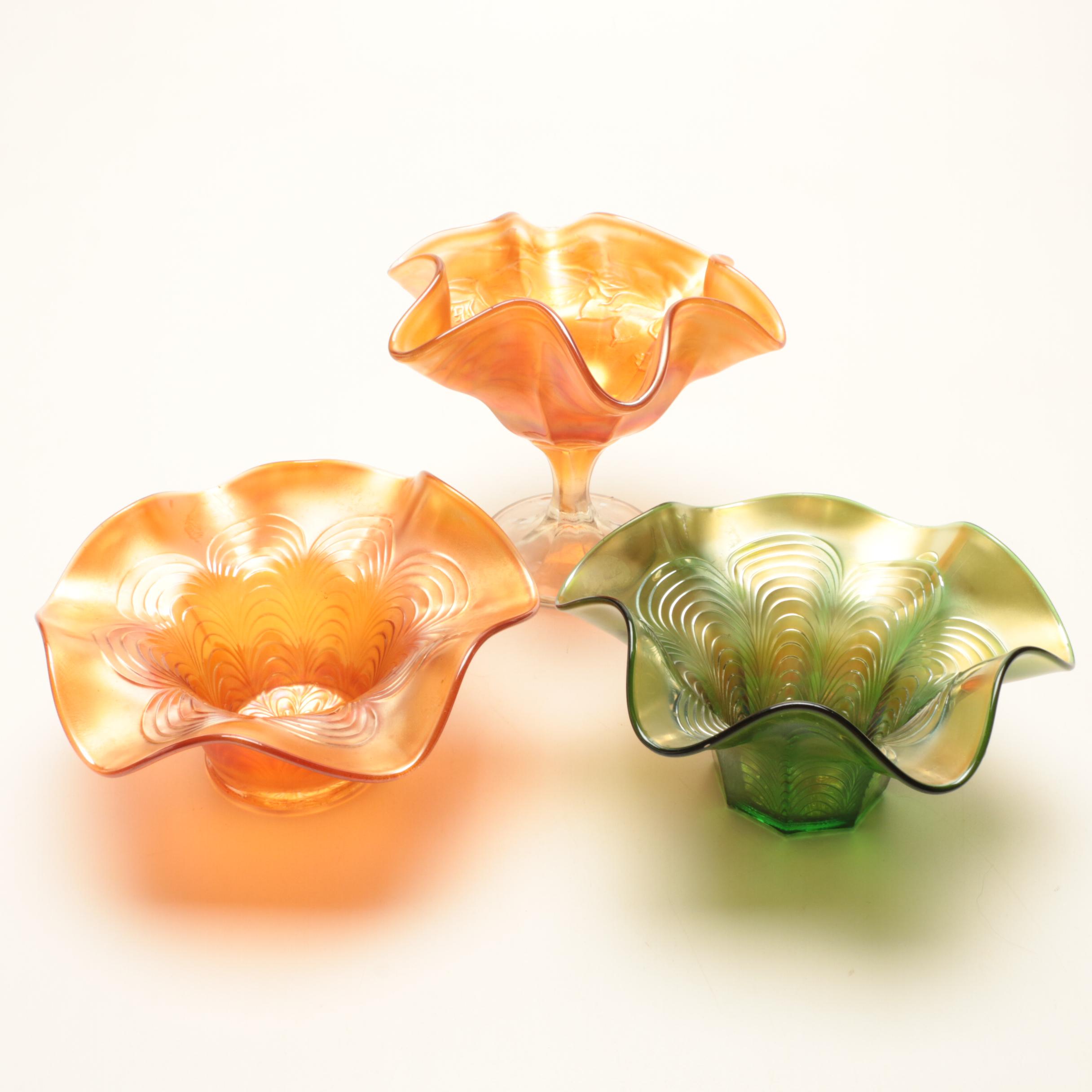 Fenton Peacock Tail Ruffled Hat Vases And Small Compote Ebth