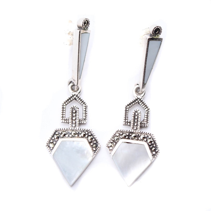 Sterling Silver Mother of Pearl Marcasite Art Deco Inspired Earrings