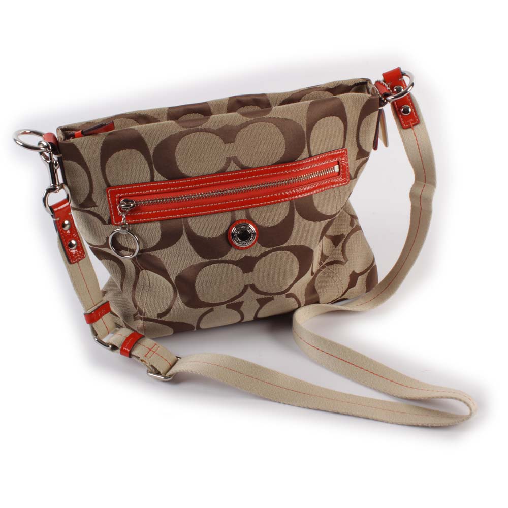 Coach Monogram Canvas and Orange Patent Leather Messenger Crossbody Bag