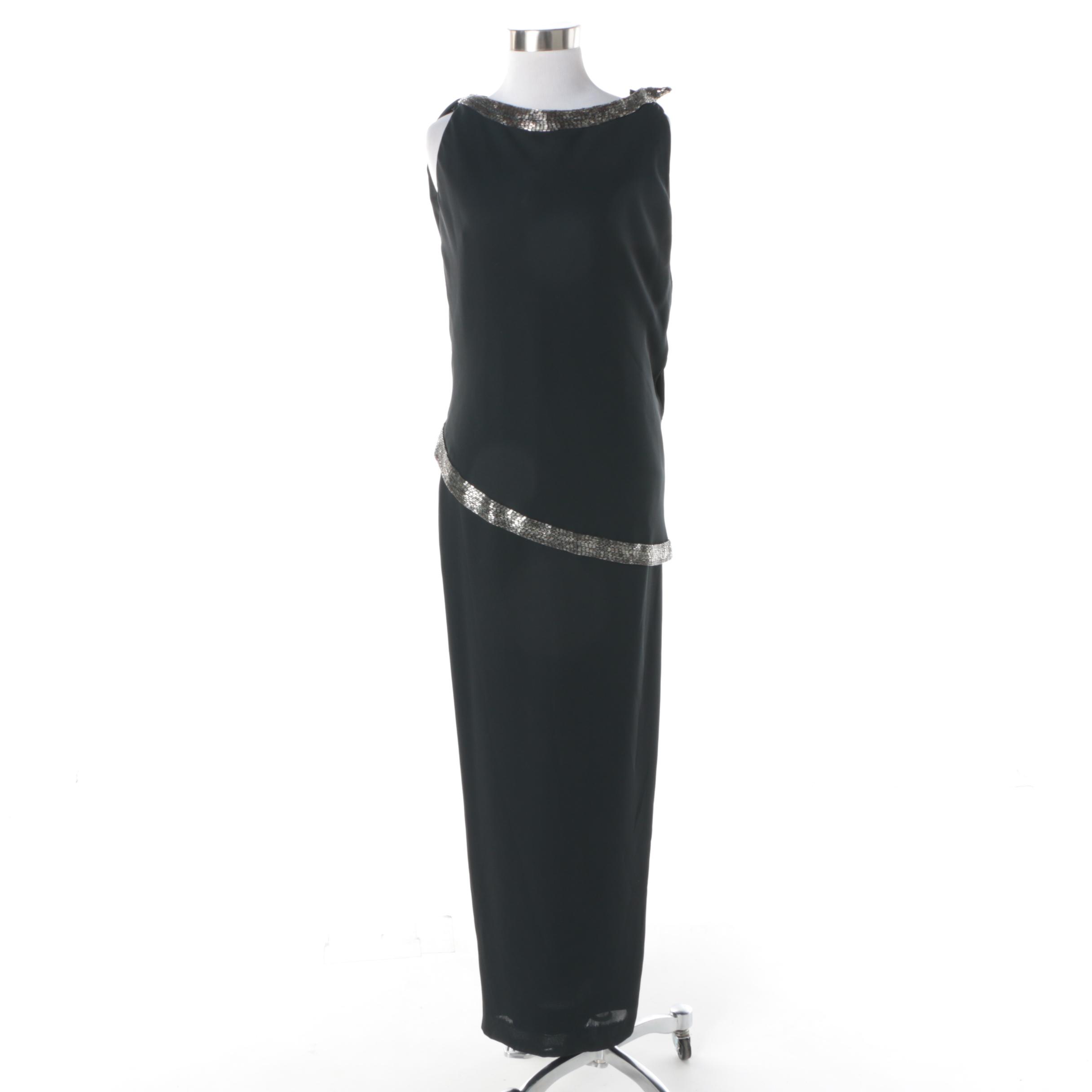 Circa 1980s Alfred Bosand New York Black Silk Evening Dress with Silver