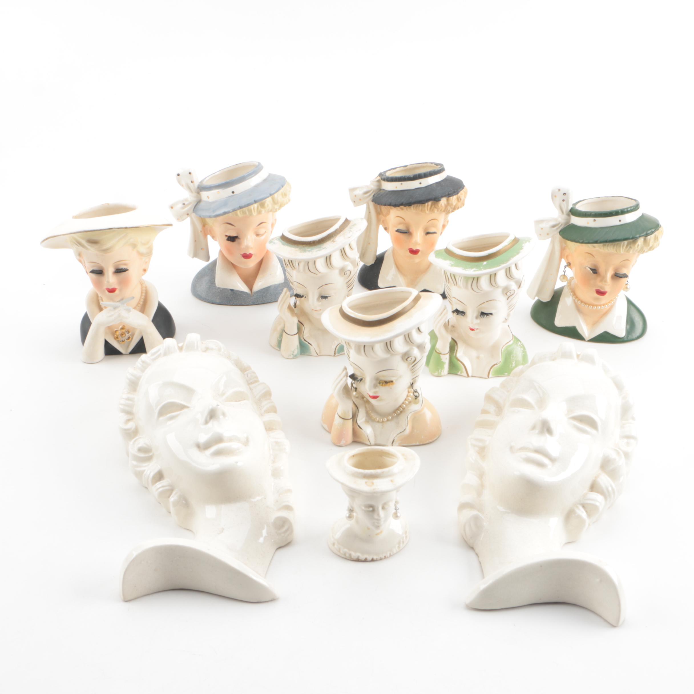 Vintage Lady Head Vases And Wall Pockets Including Rubens And