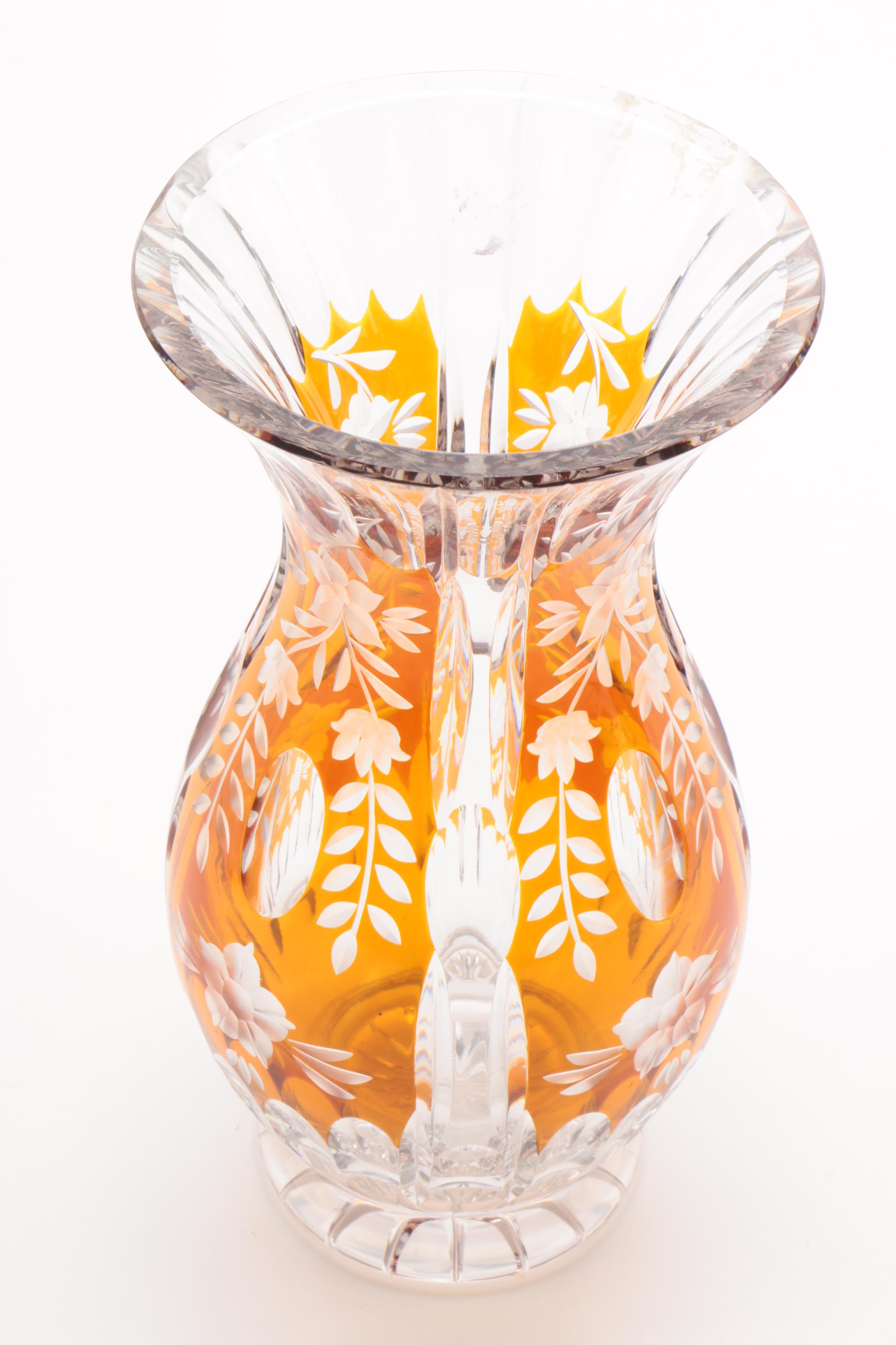Bohemian Style Amber Cased Cut to Clear Crystal Vase EBTH