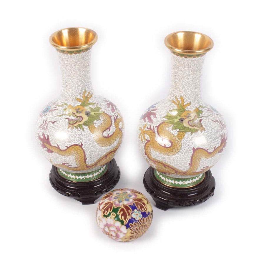 Chinese Cloisonne Vases and Paperweight