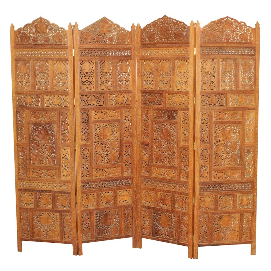 Indonesian Hand Carved 4 Panel Wooden Room Divider Ebth Indonesian Hand Carved 4 Panel Wooden Room Divider