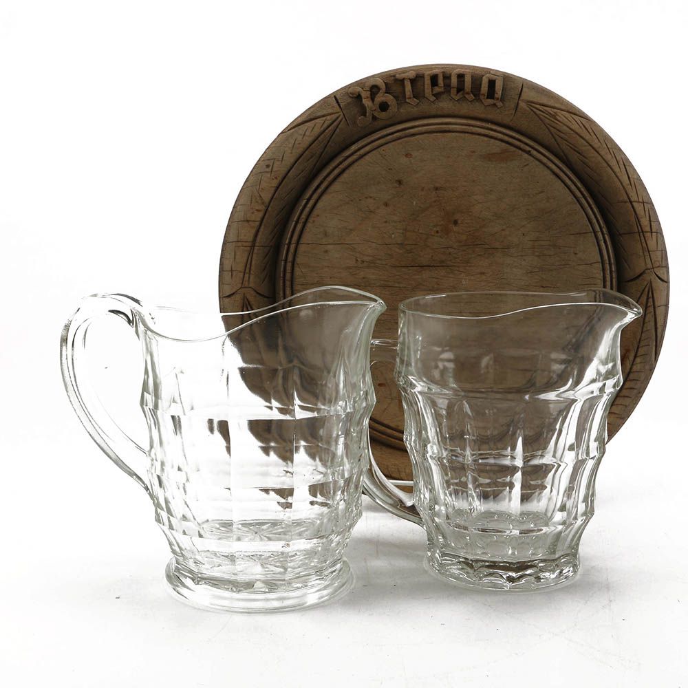 Vintage "Jacobean" Glass Pitchers and Wooden Bread Platter EBTH