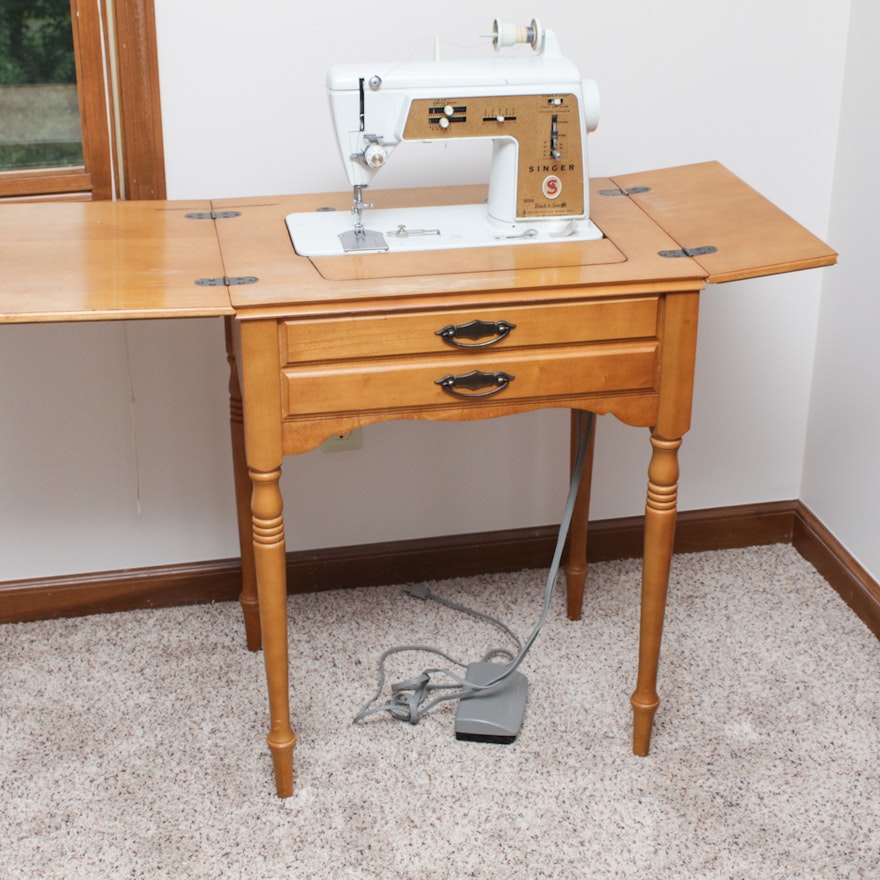 Vintage Singer Sewing Machine With Maple Cabinet Ebth
