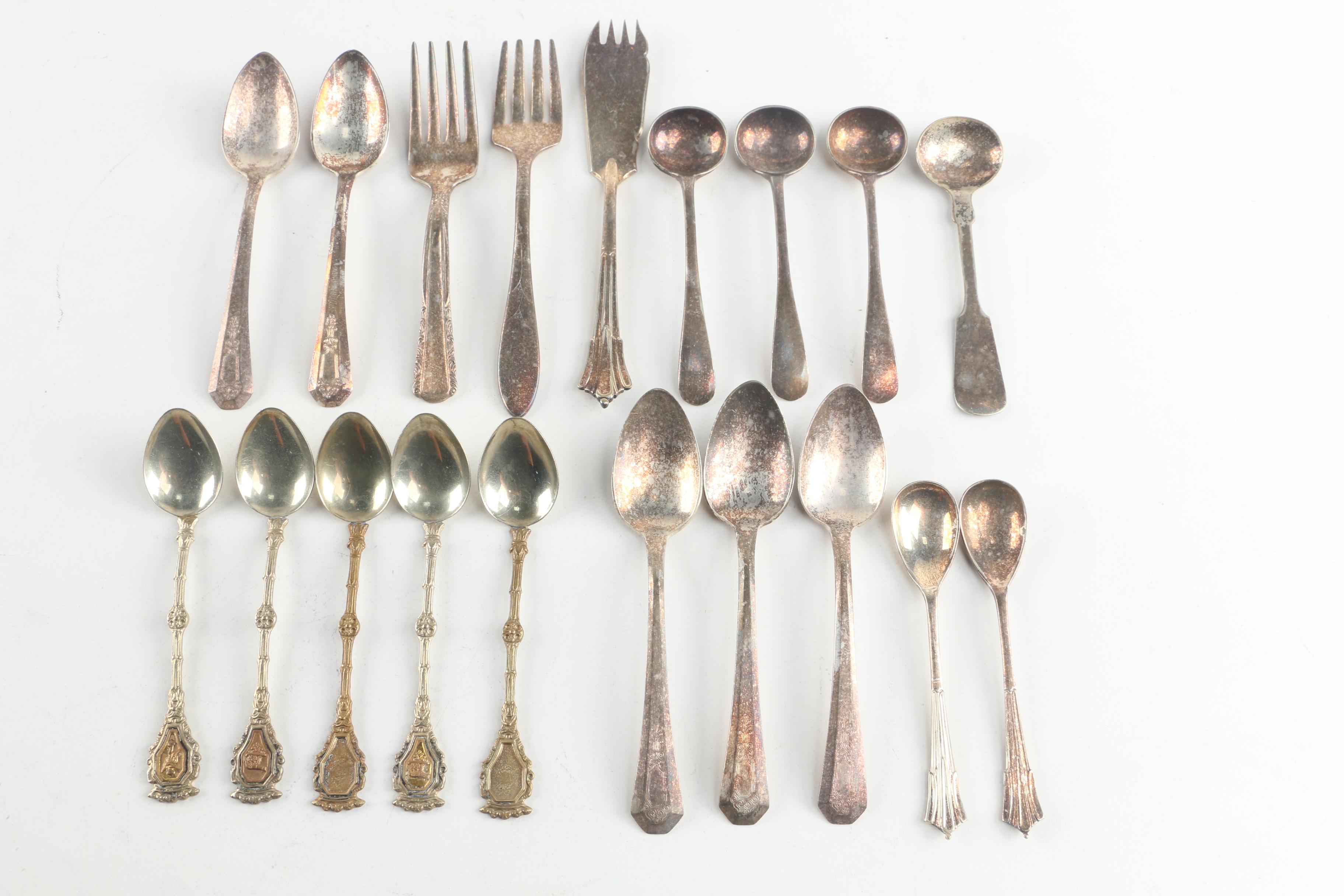 Silver Plate Salt Spoons and Cocktail Forks with Glass Relish Dishes EBTH