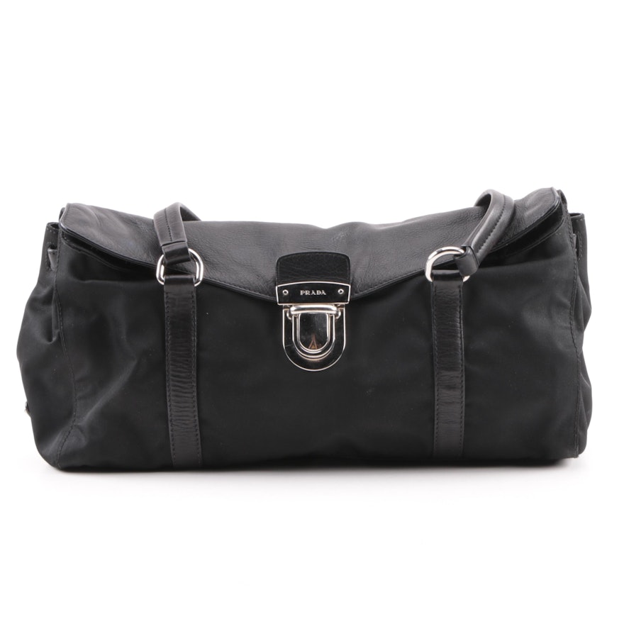 Prada Black Nylon and Leather Baguette Shoulder Bag | EBTH