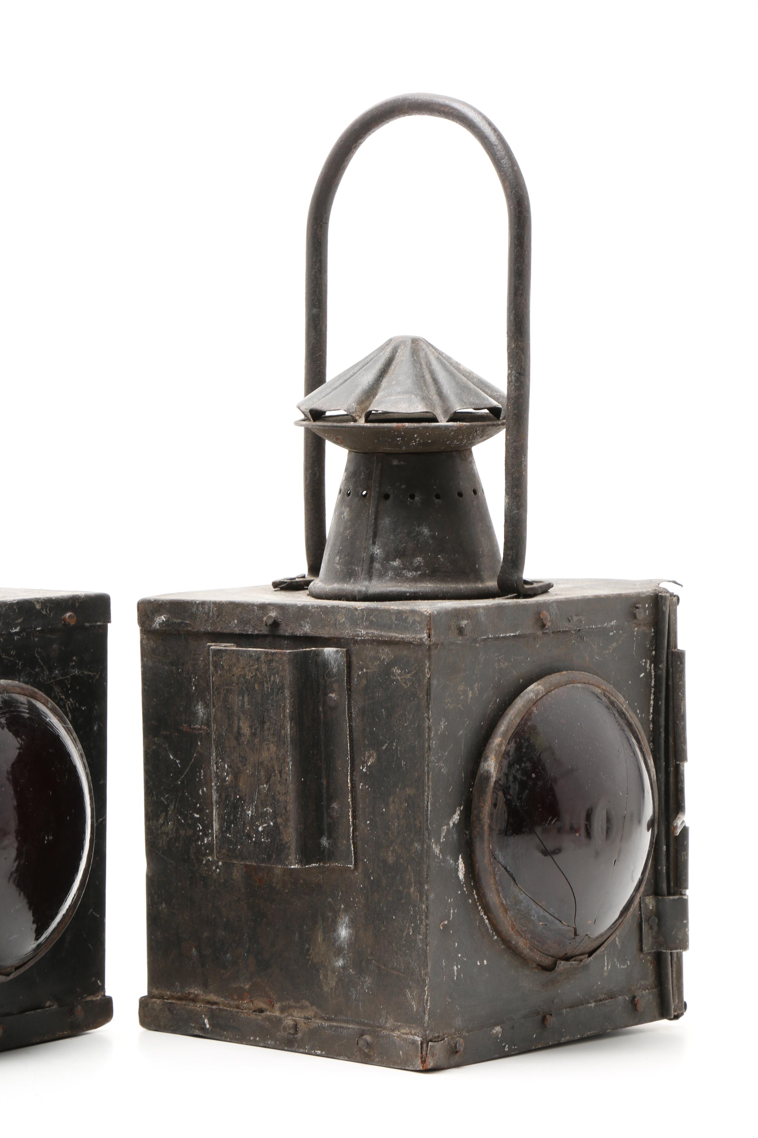 Three Antique Red Railroad Lanterns EBTH