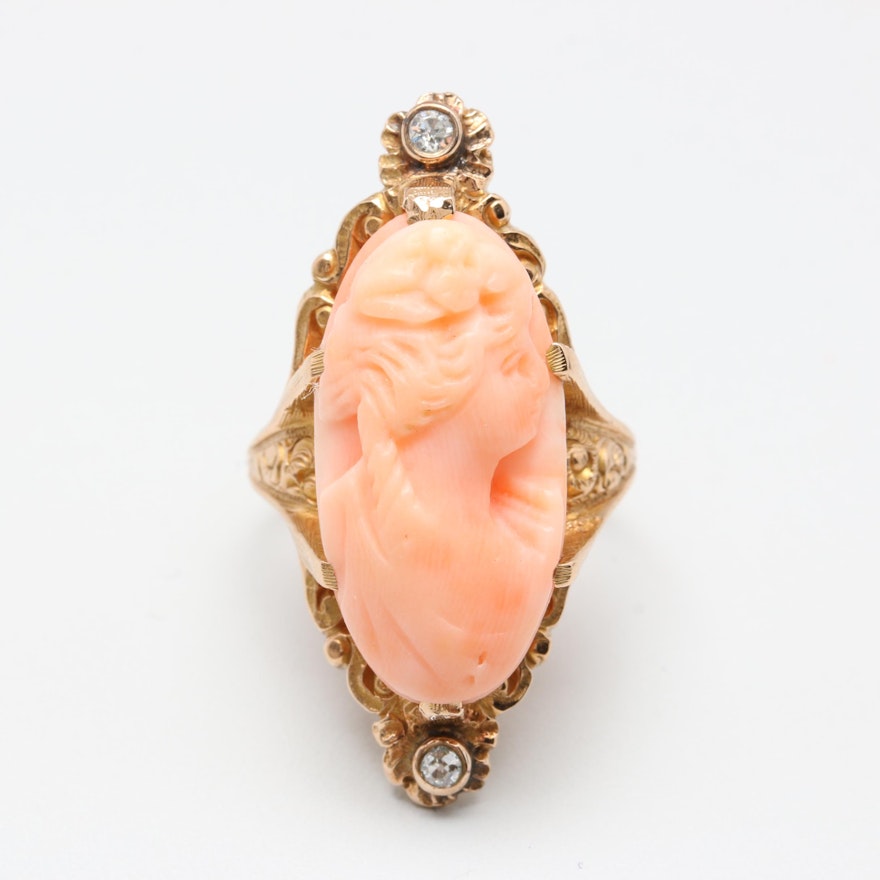 Victorian 14K Yellow Gold Coral Cameo and Diamond Ring