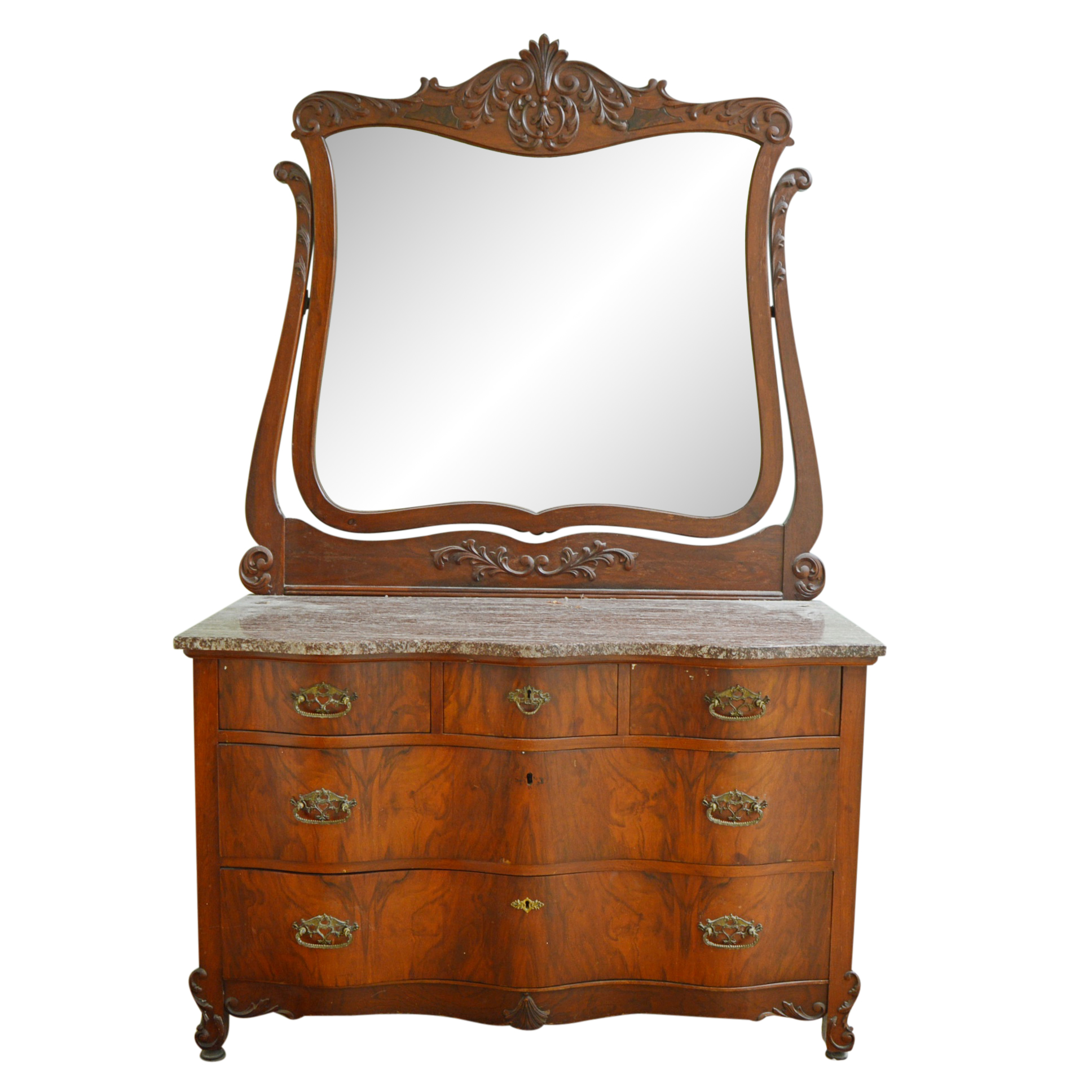 Victorian Flame Burl Marble Top Serpentine Dresser With Wishbone