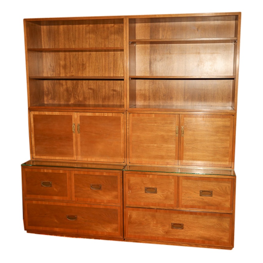 Vintage Campaign Style Walnut Bookcase Cabinets By West Michigan