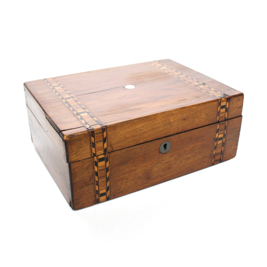 Victorian Walnut and Marquetry Jewelry Box, Late 19th Century