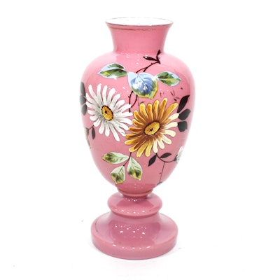 Bristol Pink Glass Floral Decorated Vase, Late 19th Century Bristol Pink Glass Floral Decorated Vase, Late 19th Century