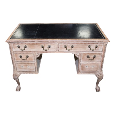 George III Style Pickled Writing Desk with Black Leather Top, 20th Century George III Style Pickled Writing Desk with Black Leather Top, 20th Century