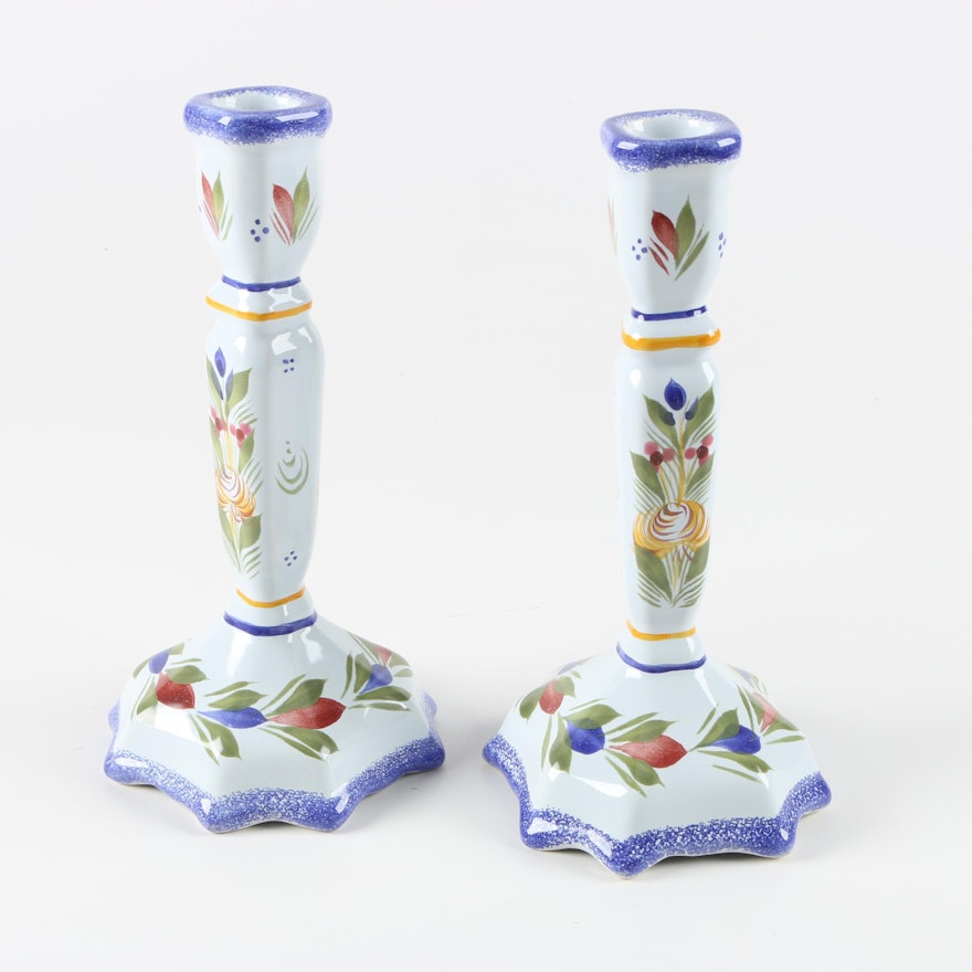 Henriot Quimper French Faïence Ceramic Candlesticks