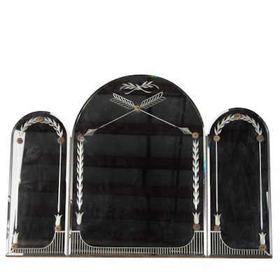 Art Deco Etched Glass Three Section Vanity Mirror, Circa 1940 Art Deco Etched Glass Three Section Vanity Mirror, Circa 1940