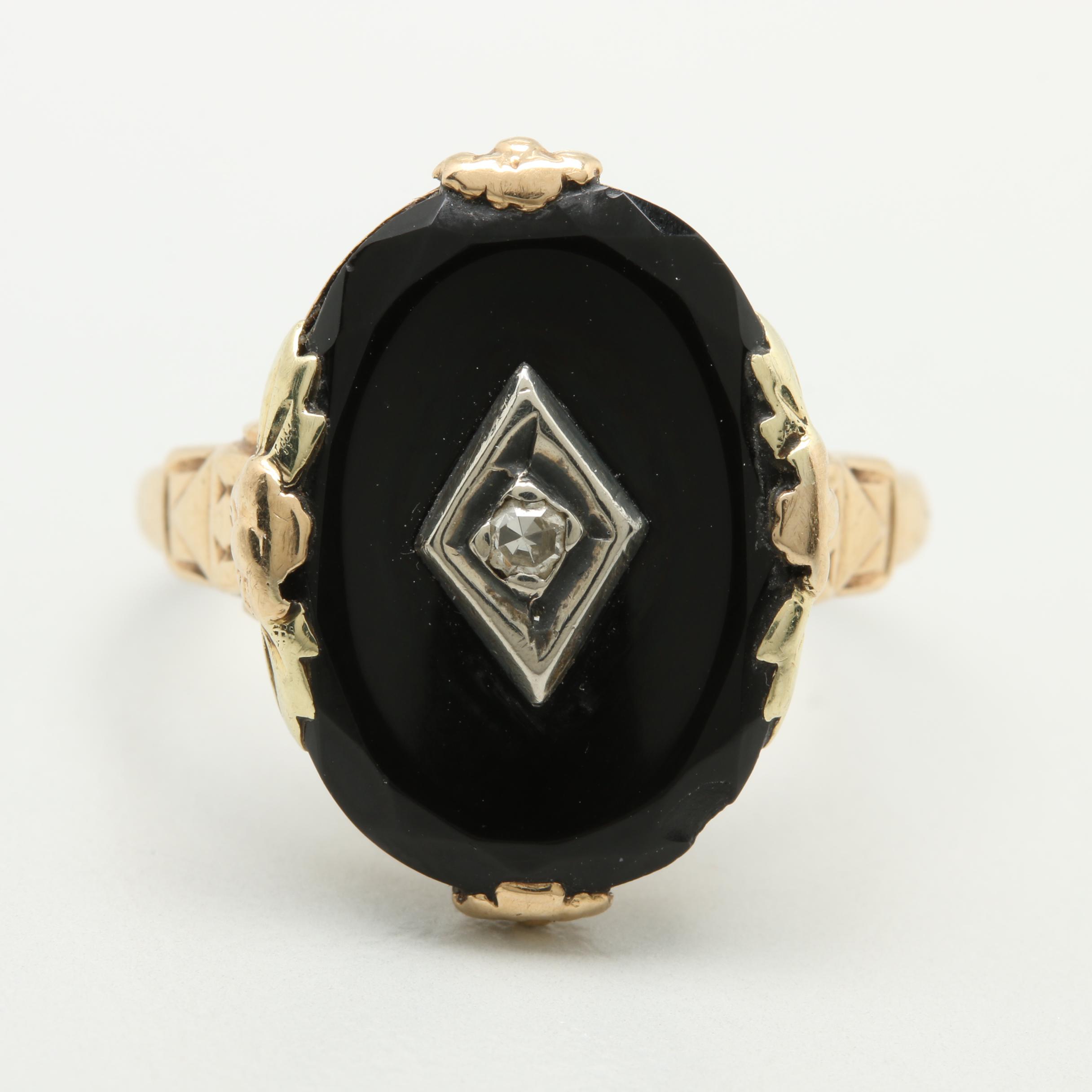 10k Yellow Gold Diamond And Black Onyx Ring Ebth