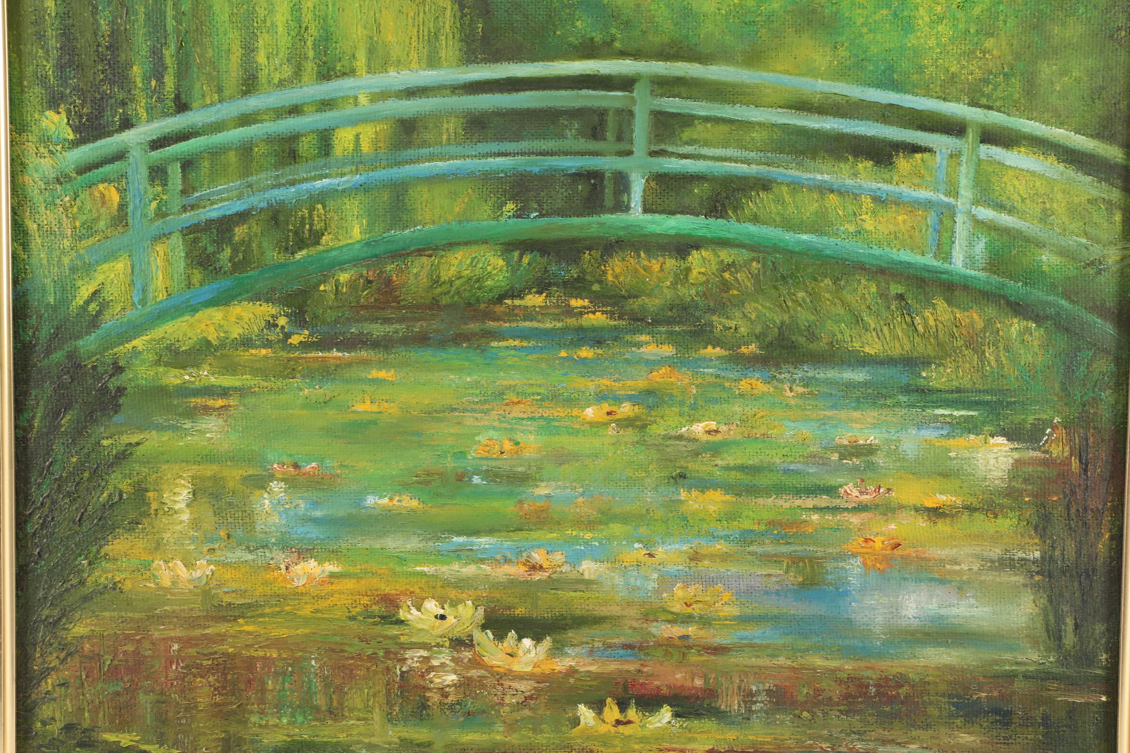 Oil Painting of Bridge over Pond with Water Lilies EBTH