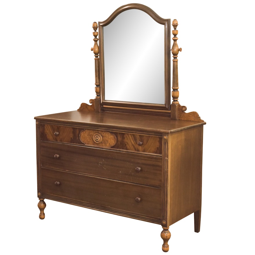 Vintage Victorian Style Burl Wood Veneer Dresser And Mirror By