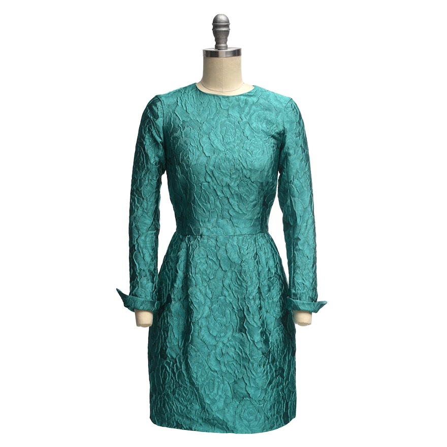 Carolina Herrera Turquoise Long Sleeve Mini Dress in a Textured Rose Motif