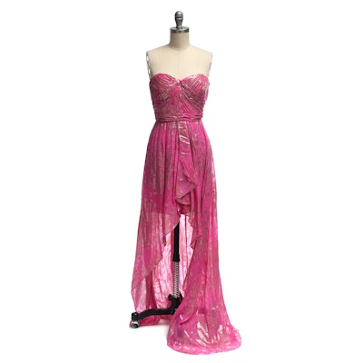 AQUA Dresses Strapless Pink and Gold Gown with Asymmetrical Hemline