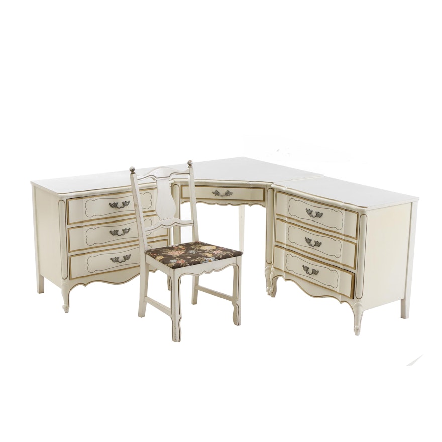 20th Century White French Provincial Style Corner Desk With Chair