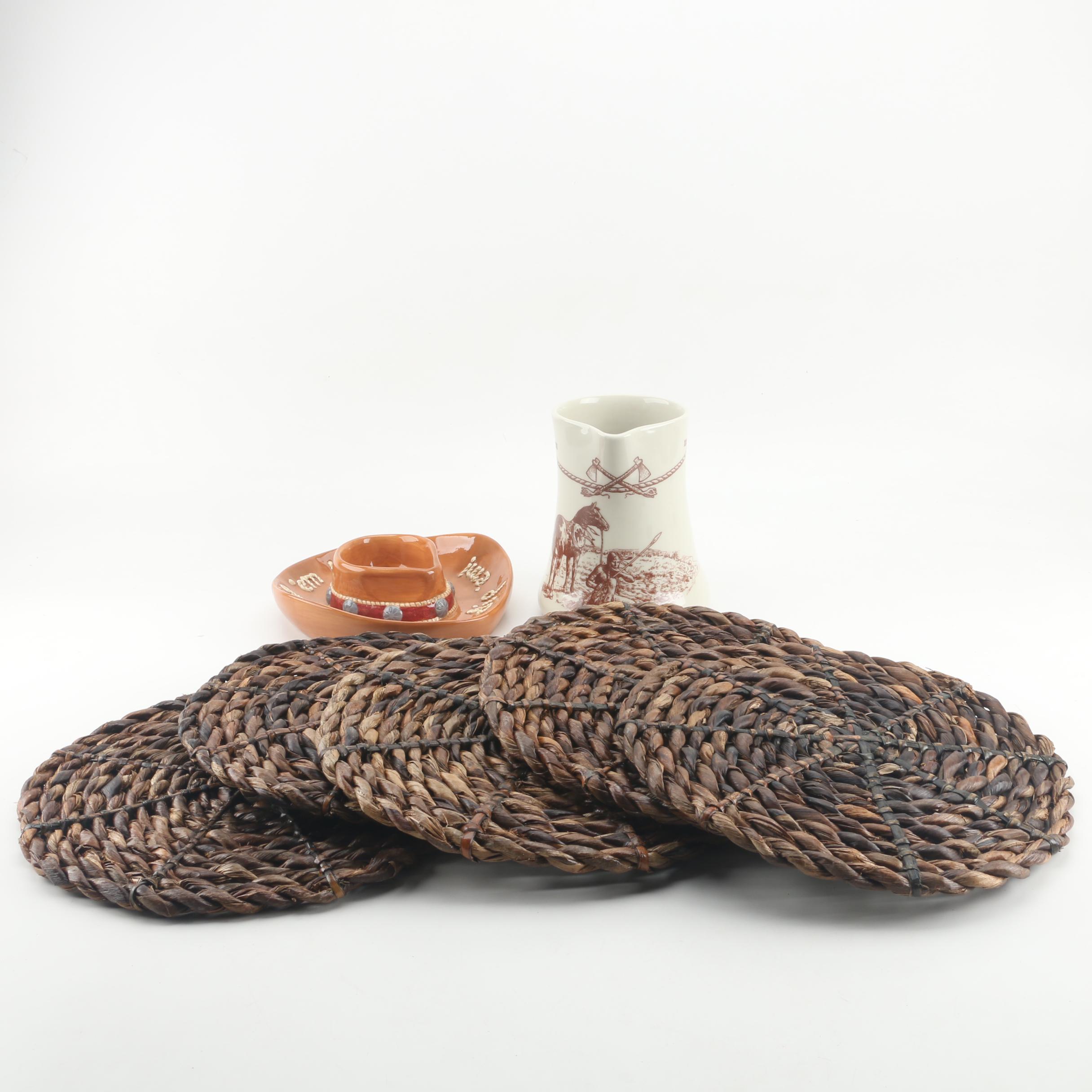 Cowboy Hat Ceramic Chip n' Dip Bowl with Sky Ranch Pitcher and Woven
