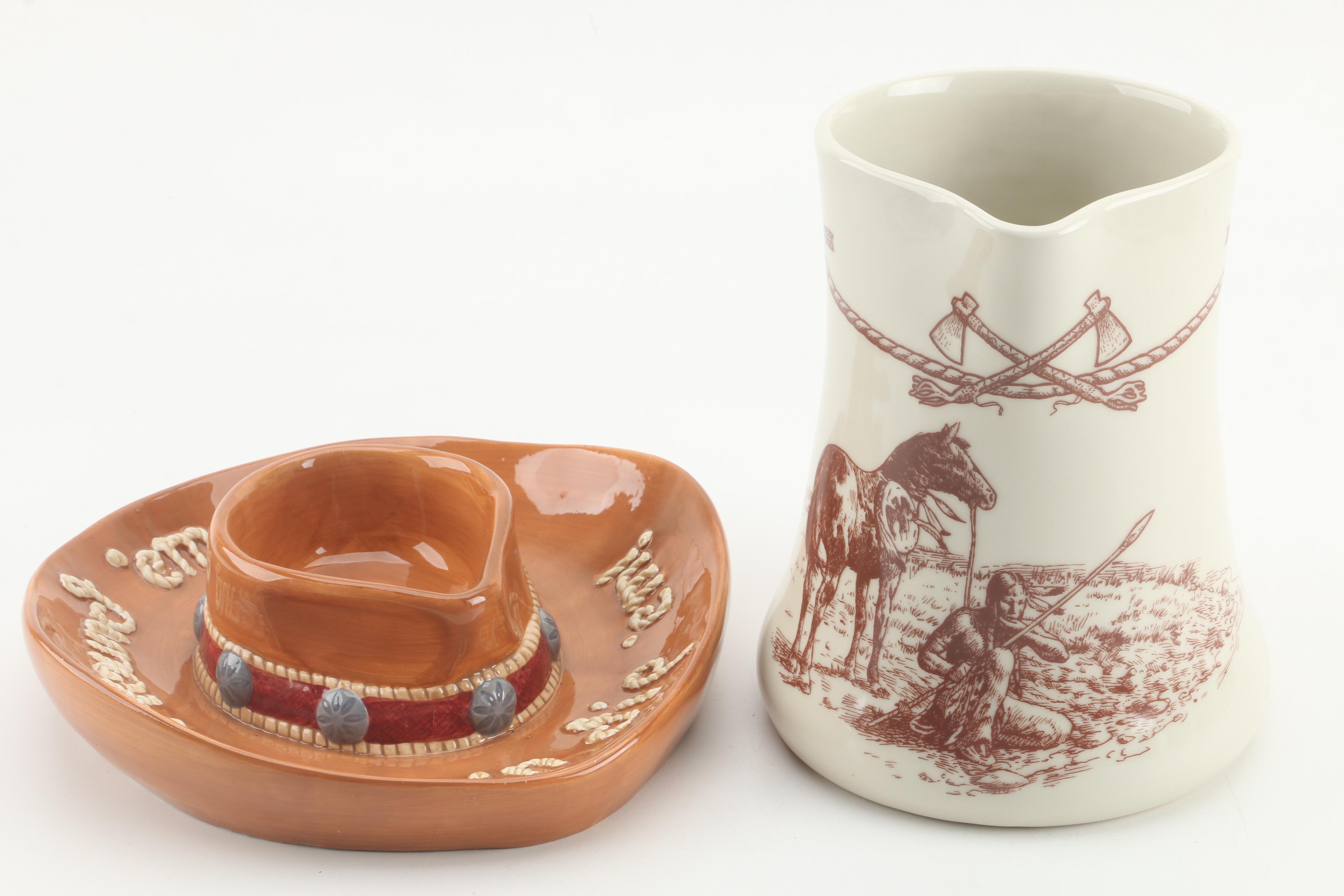 Cowboy Hat Ceramic Chip n' Dip Bowl with Sky Ranch Pitcher and Woven