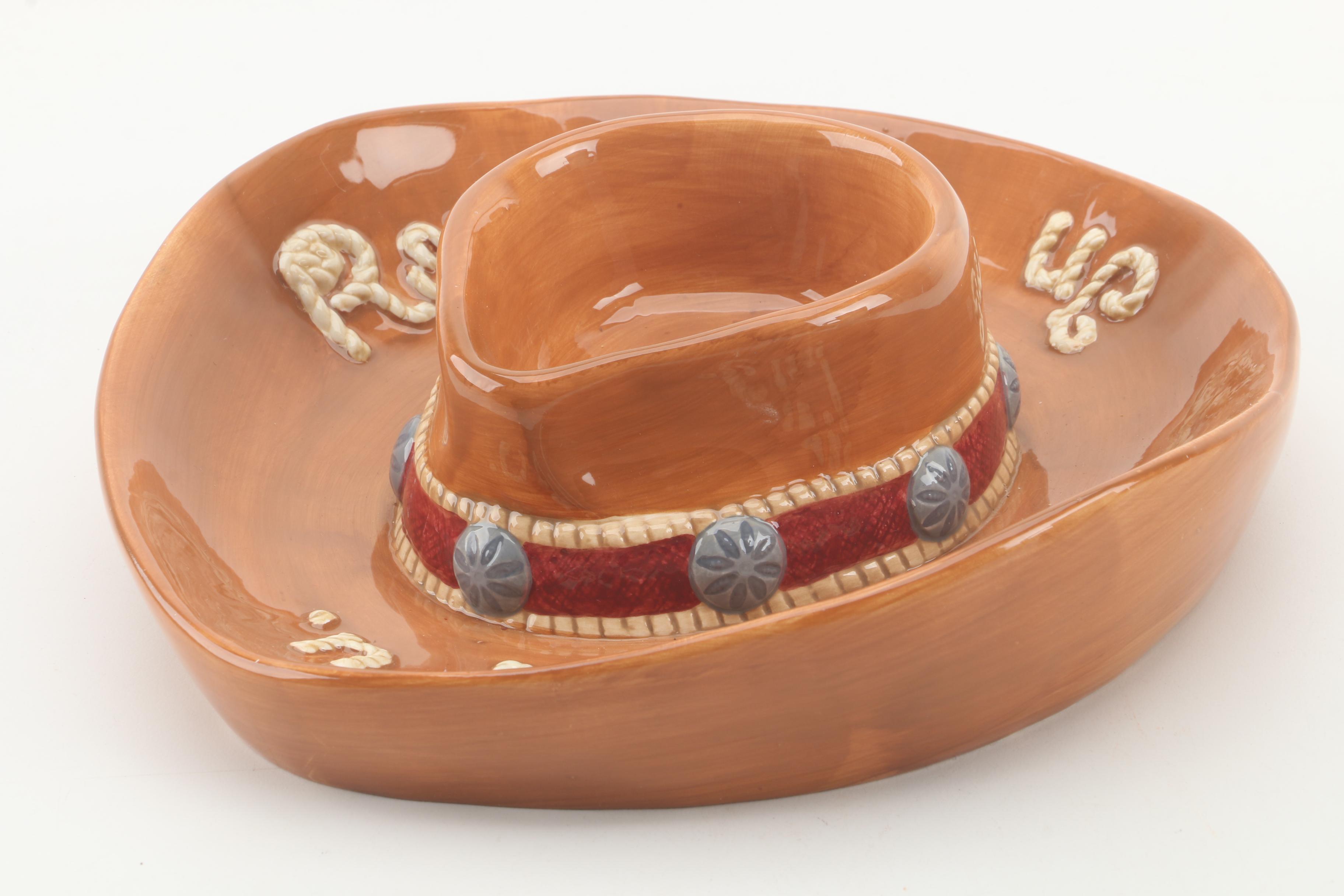 Cowboy Hat Ceramic Chip n' Dip Bowl with Sky Ranch Pitcher and Woven Placemats EBTH