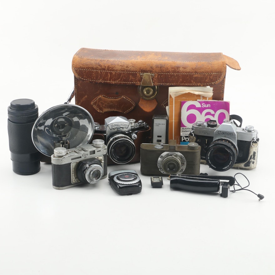 Vintage Cameras and Lenses in Leather Case