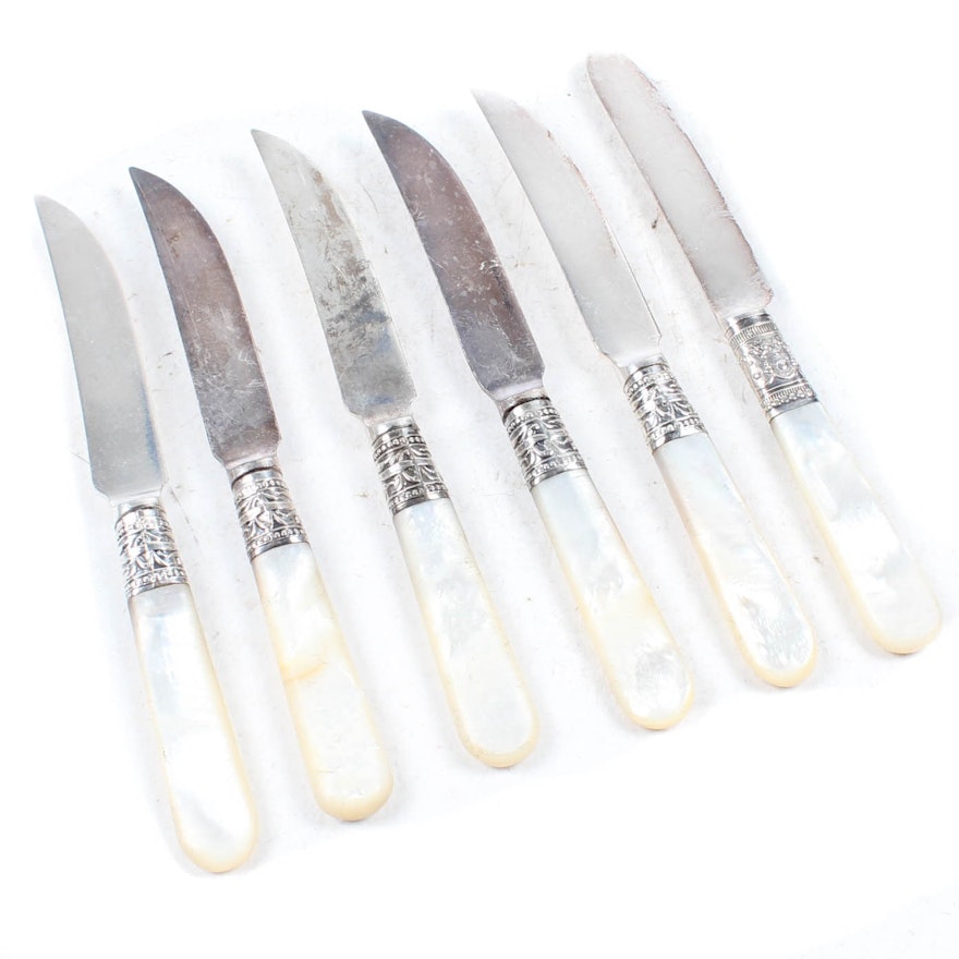 Vintage Sterling Silver Accented Mother of Pearl Knives