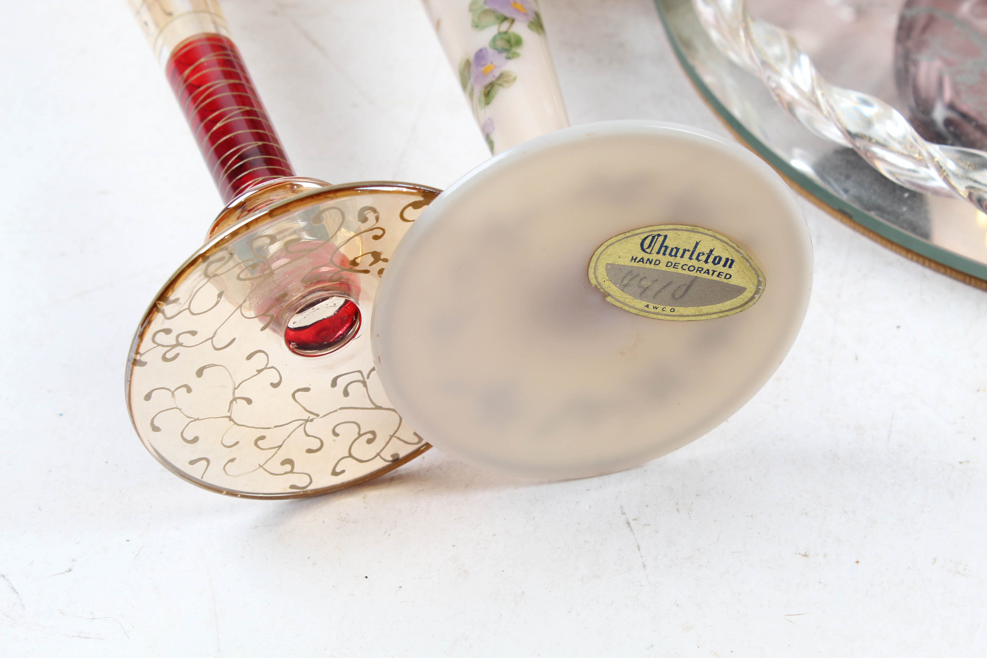 Vintage Murano Vanity Tray with Glass Perfume Bottles, HandPainted Fan