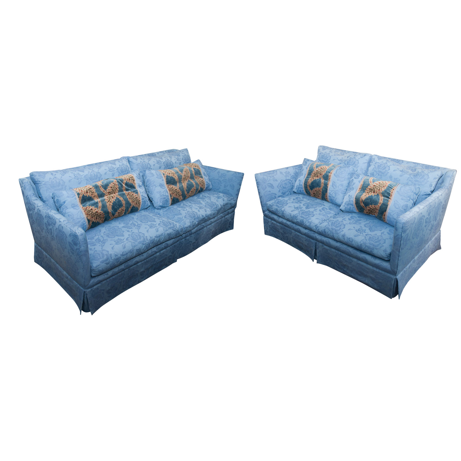Couch And Loveseat In Blue Floral Jacquard Upholstery Ebth