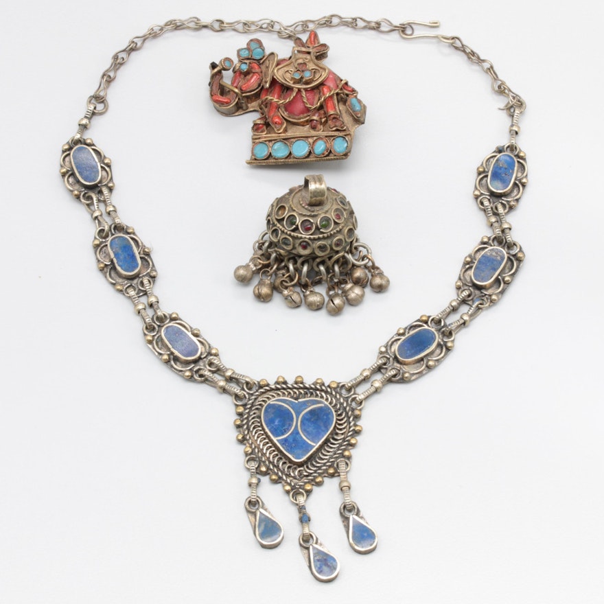 Afghani Style Lapis Lazuli, Coral and Glass Jewelry