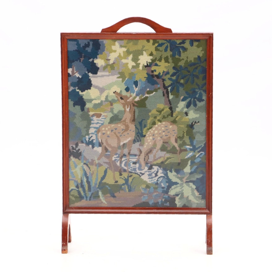 Needlepoint Fireplace Screen of Deer in a Mahogany and Glass Frame
