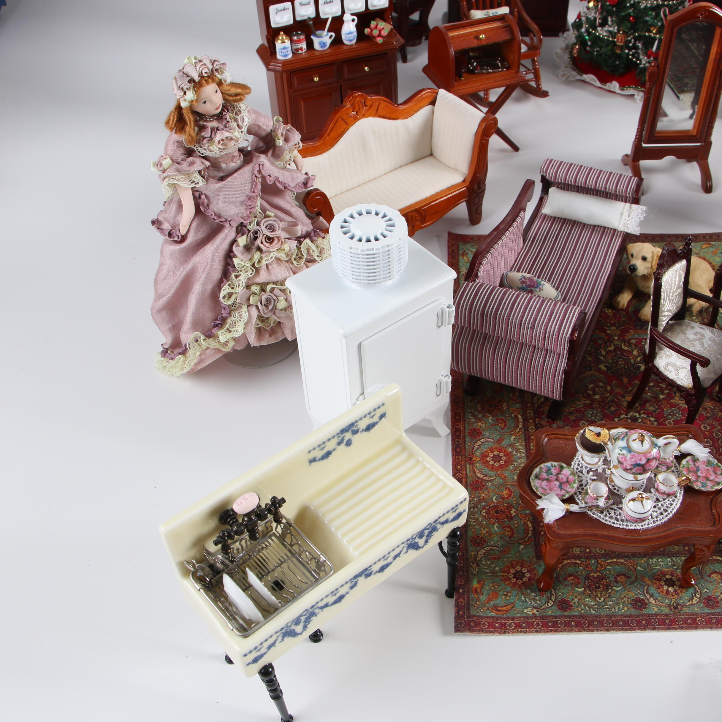 Vintage Dollhouse Furniture with Miniature Victorian Style Porcelain Dolls EBTH