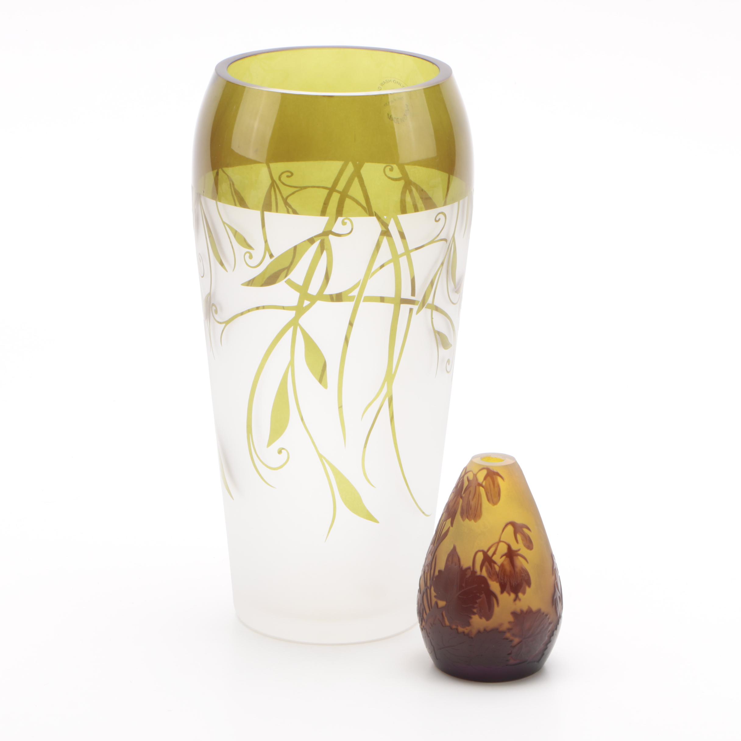 Galle Cameo Glass Bud Vase With Lenox Frosted Cut To Green Flower