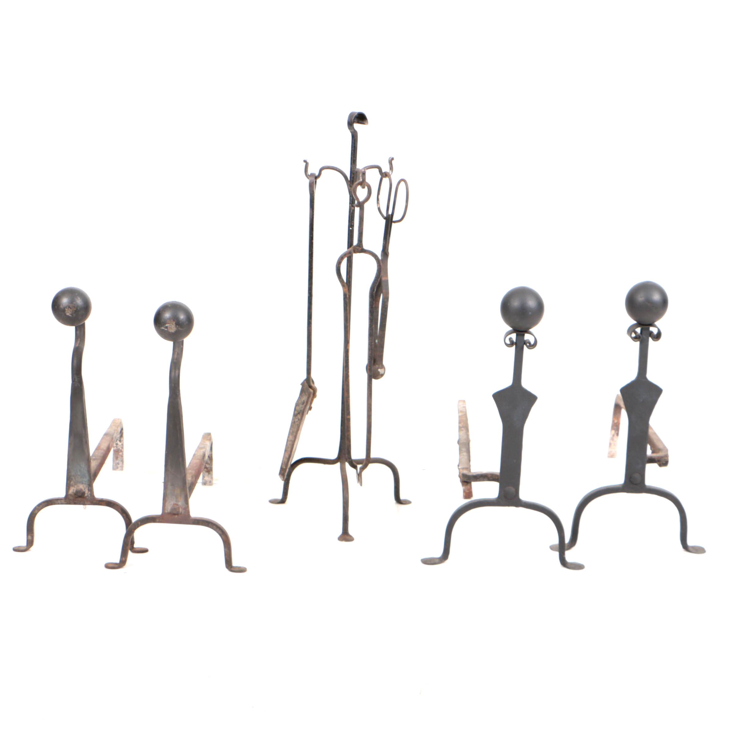 Two Pairs Of Wrought Iron Andirons And Set Of Fireplace Tools