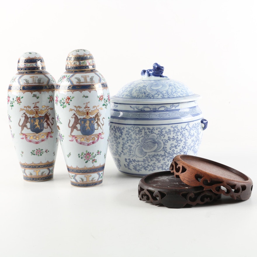Sampson Style Lidded Armorial Vases and Chinese Blue and White Jar