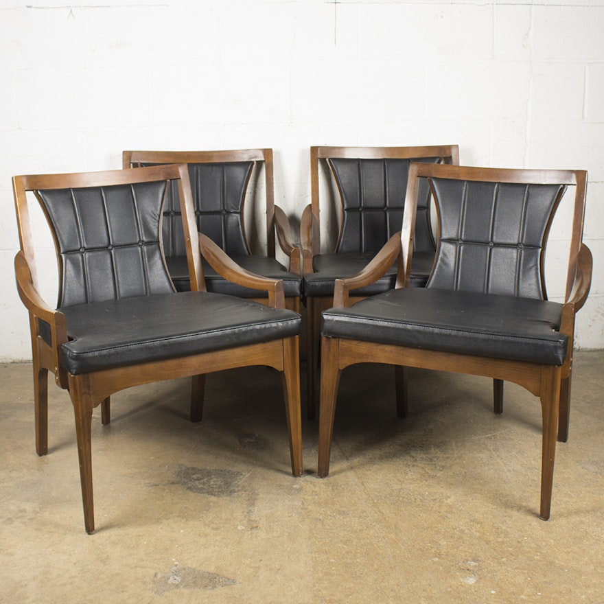 Vintage Danish Modern Style Black Vinyl Upholstered Chairs By