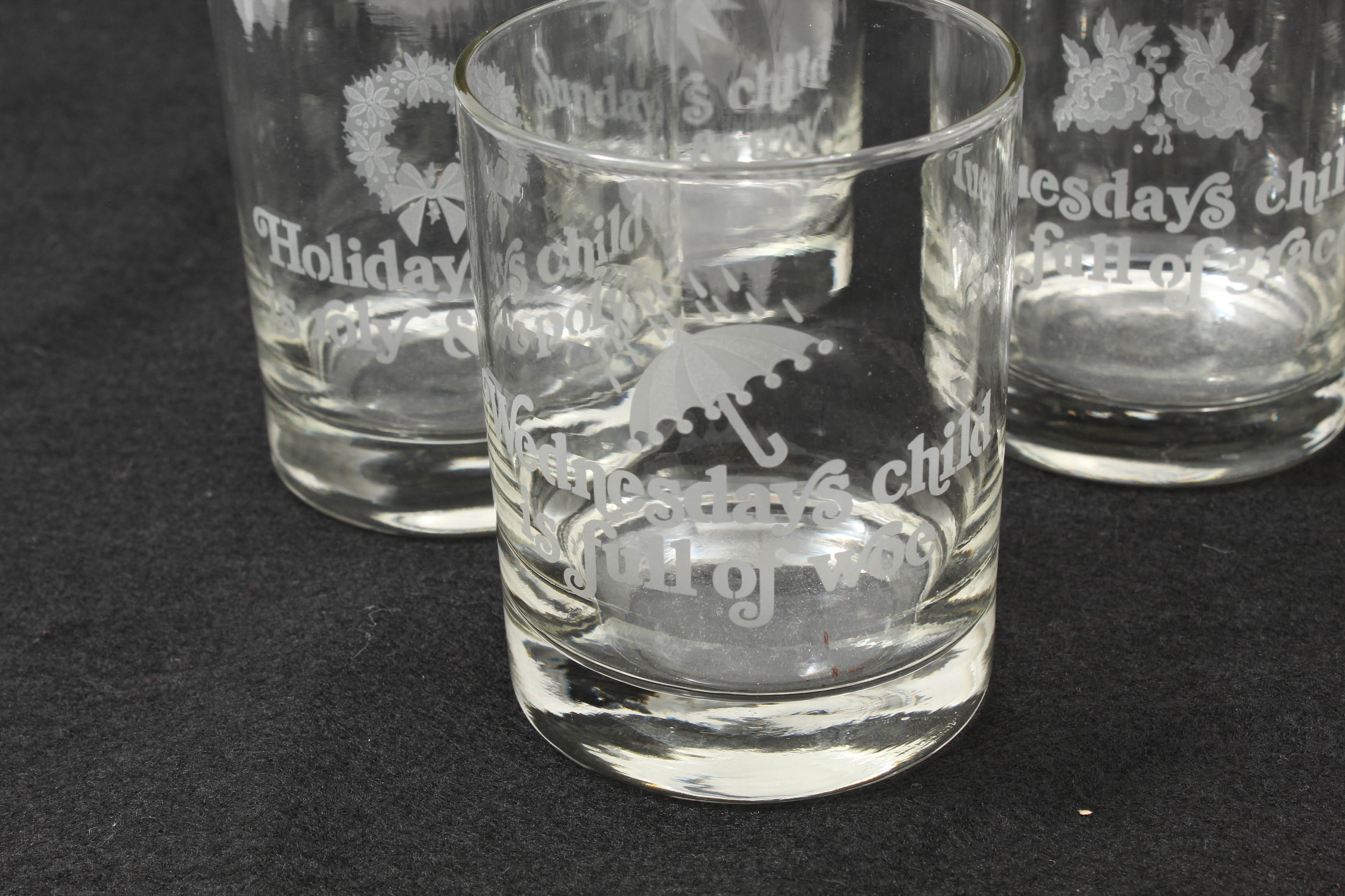 "Monday's Child" Etched Old Fashioned Glasses EBTH