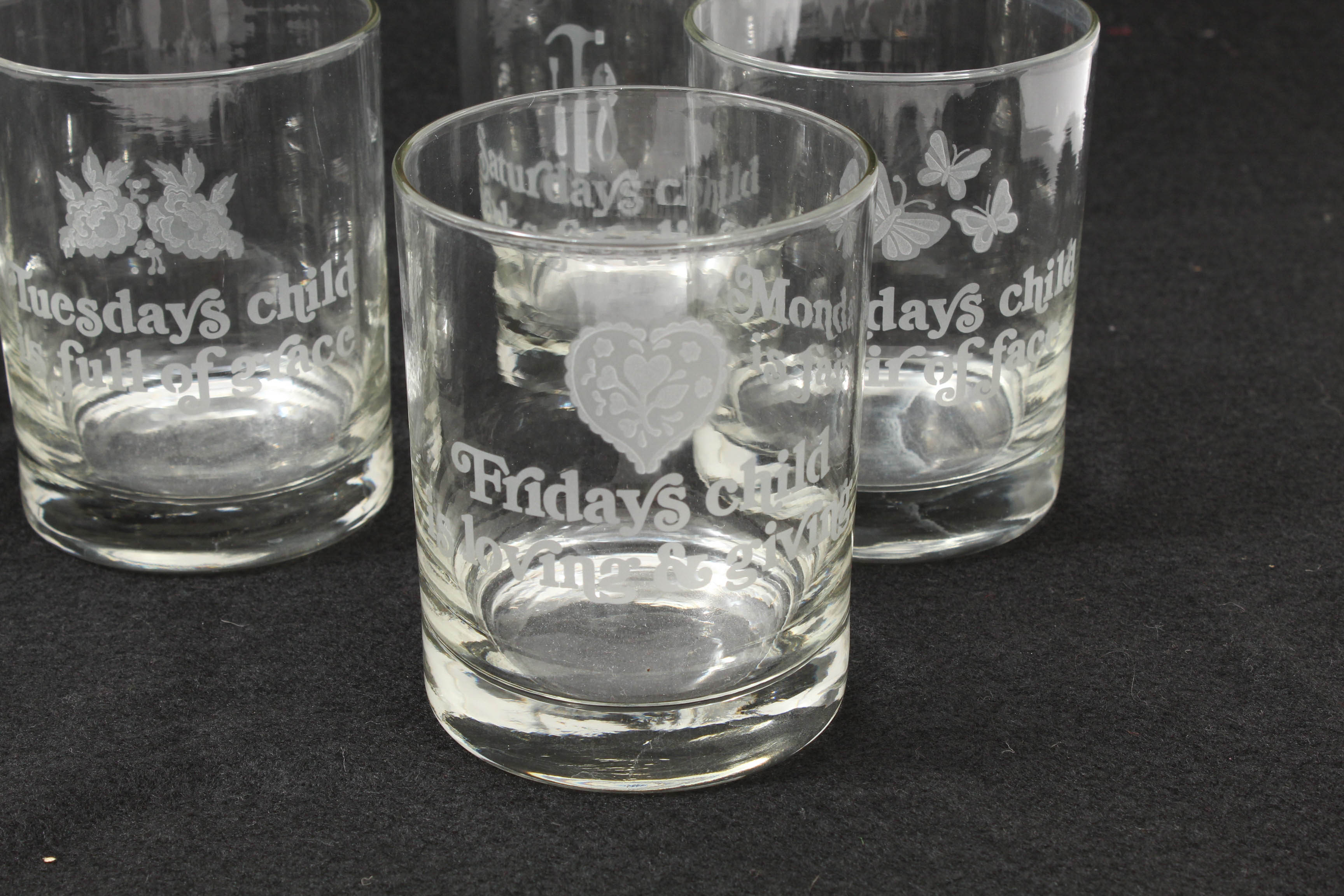 "Monday's Child" Etched Old Fashioned Glasses EBTH