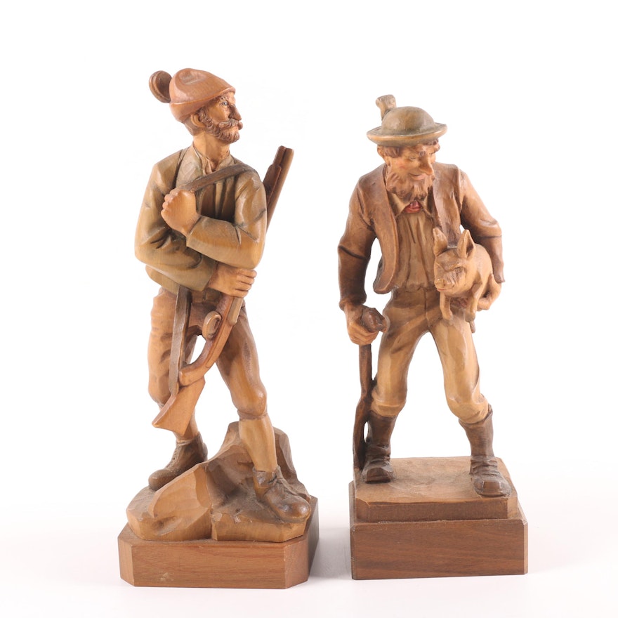 Vintage ANRI Italian Carved Wooden Hunter and Farmer Figures