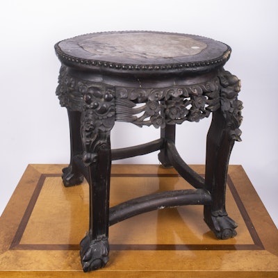 Asian Style Carved Side Table with Stone Top Asian Style Carved Side Table with Stone Top