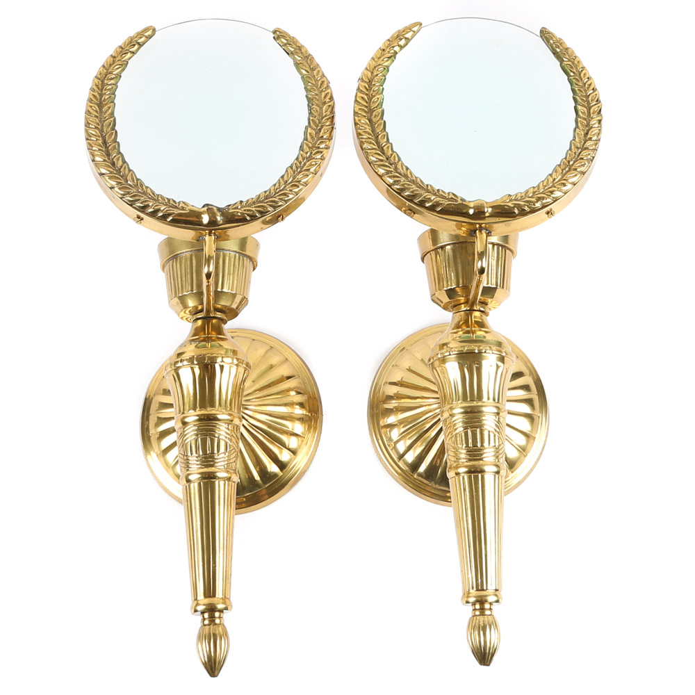 Vintage Brass Candle Holders and Magnifying Glass Wall Sconce Set of