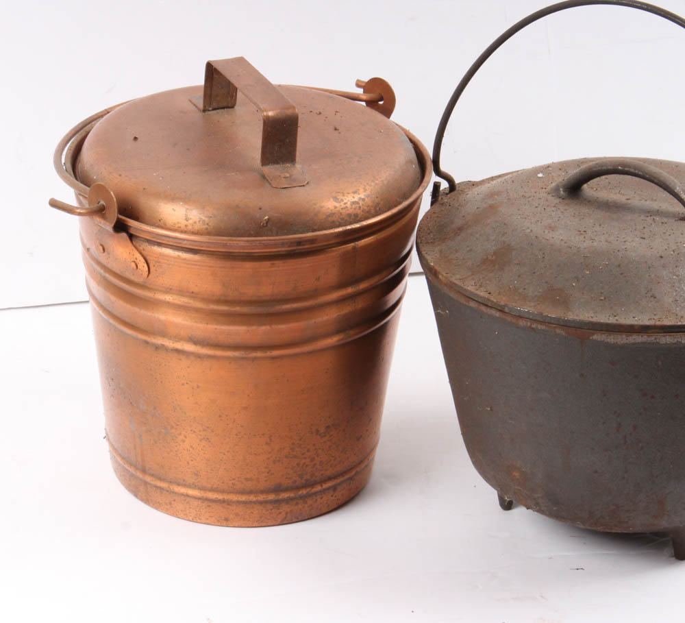 Vintage Cast Iron Cauldron and Covered Copper Vessel EBTH