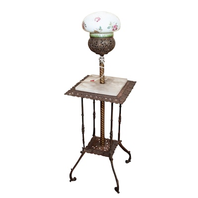 Victorian Hand-Painted Glass and Marble Floor Lamp Table Victorian Hand-Painted Glass and Marble Floor Lamp Table